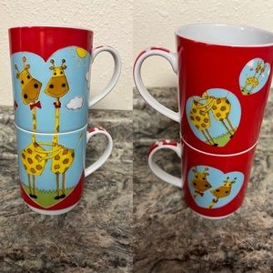 Set of Two Stacking Giraffes Coffee Tea Mugs Cups | Giraffes in Heart